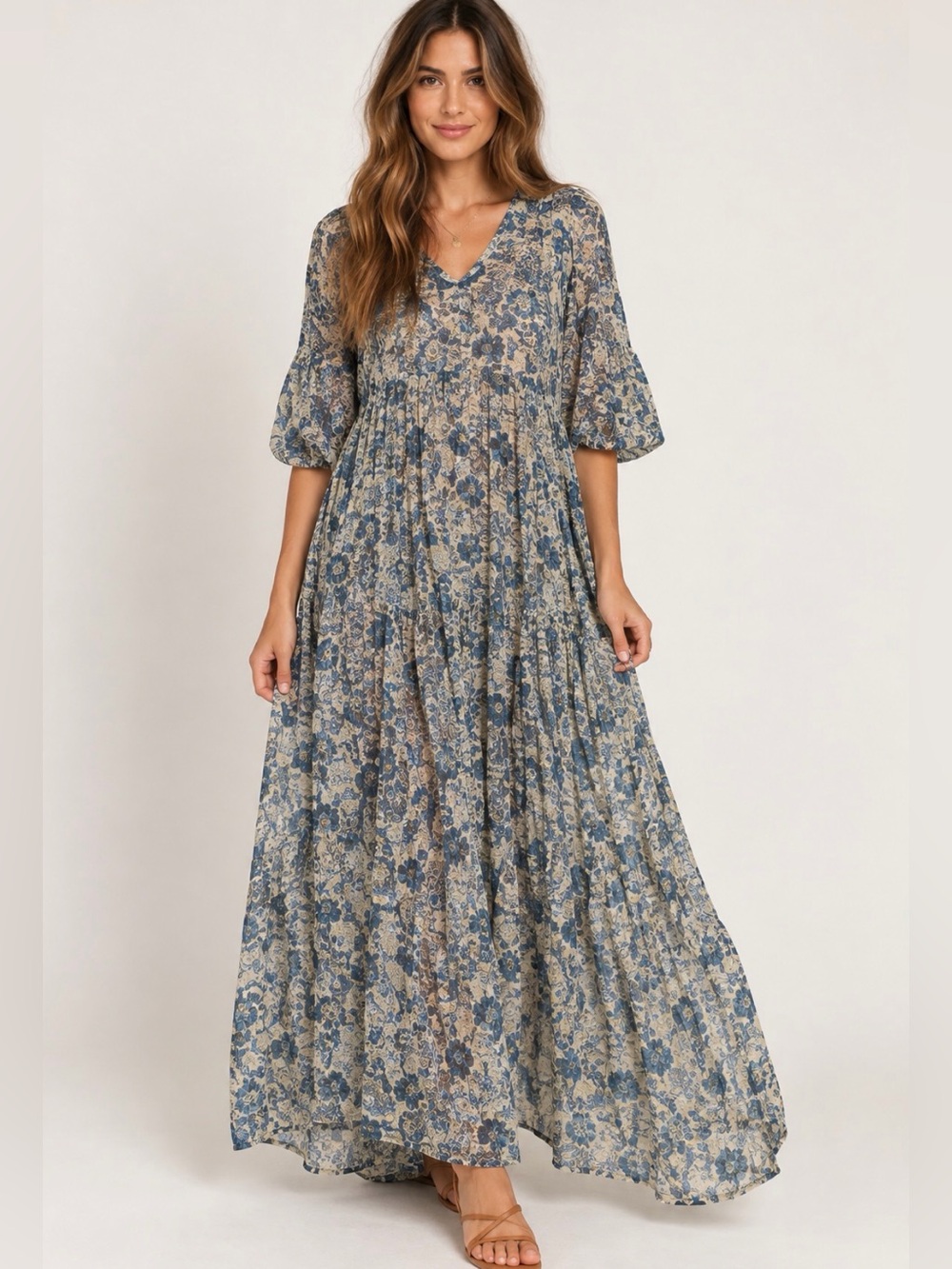 Natalie Martin Blue Floral Sheer Maxi Dress Small Boho Oversized